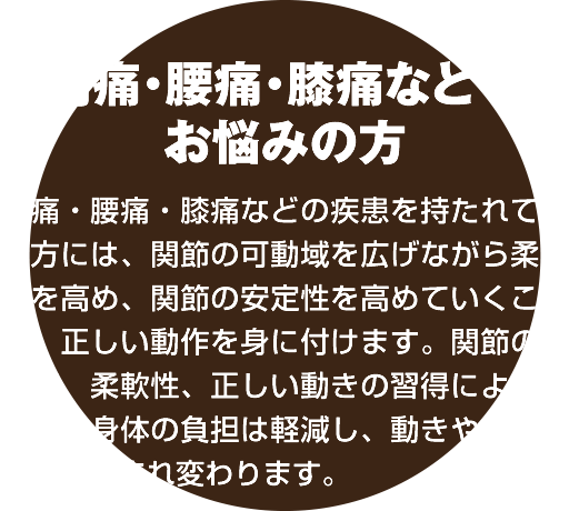 肩痛・腰痛・膝痛などでお悩みの方：肩痛・腰痛・膝痛などの疾患を持たれている方には、関節の可動域を広げながら柔軟性を高め、関節の安定性を高めていくことで、正しい動作を身に付けます。関節の可動域、柔軟性、正しい動きの習得により、確実に身体の負担は軽減し、動きやすい身体へと生まれ変わります。