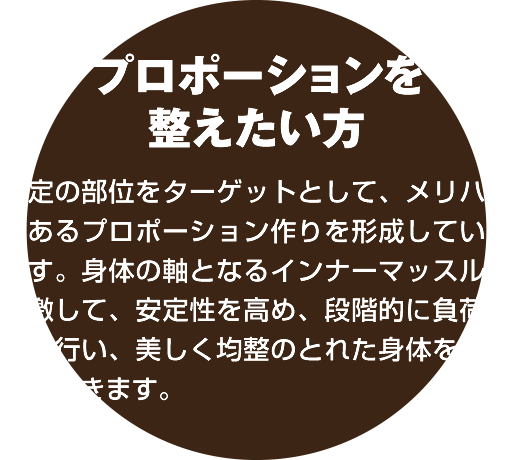 プロポーションを整えたい方：特定の部位をターゲットとして、メリハリのあるプロポーション作りを形成していきます。身体の軸となるインナーマッスルを刺激して、安定性を高め、段階的に負荷調整を行い、美しく均整のとれた身体を形成していきます。