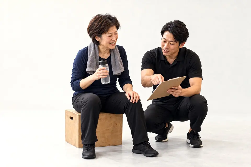 トレーニングの記録を見ながらトレーナーと話す女性