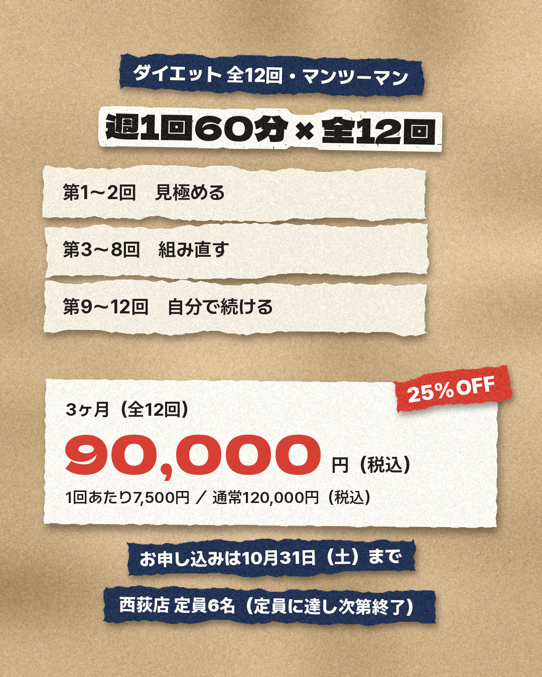 ダイエット全12回の進め方と料金。3ヶ月90,000円(税込)、お申し込みは10月31日(土)まで