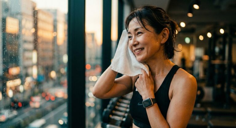 都会の景色を背に、トレーニングを終えた清々しい笑顔。西荻窪駅近くのプレミアムパーソナルジムで、あなたらしい体と習慣をつくりませんか。