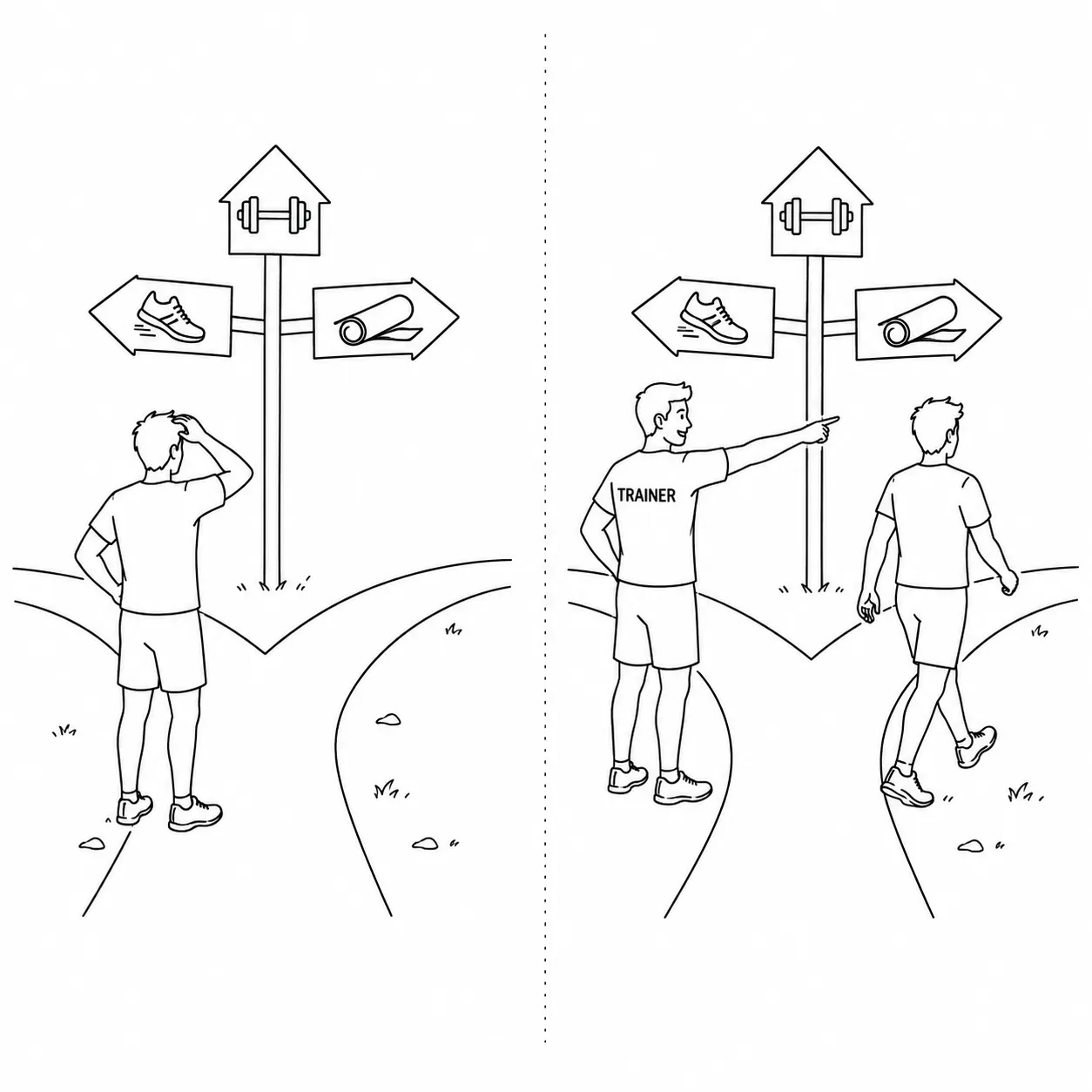 一人で迷う人とトレーナーに導かれる人の比較イラスト