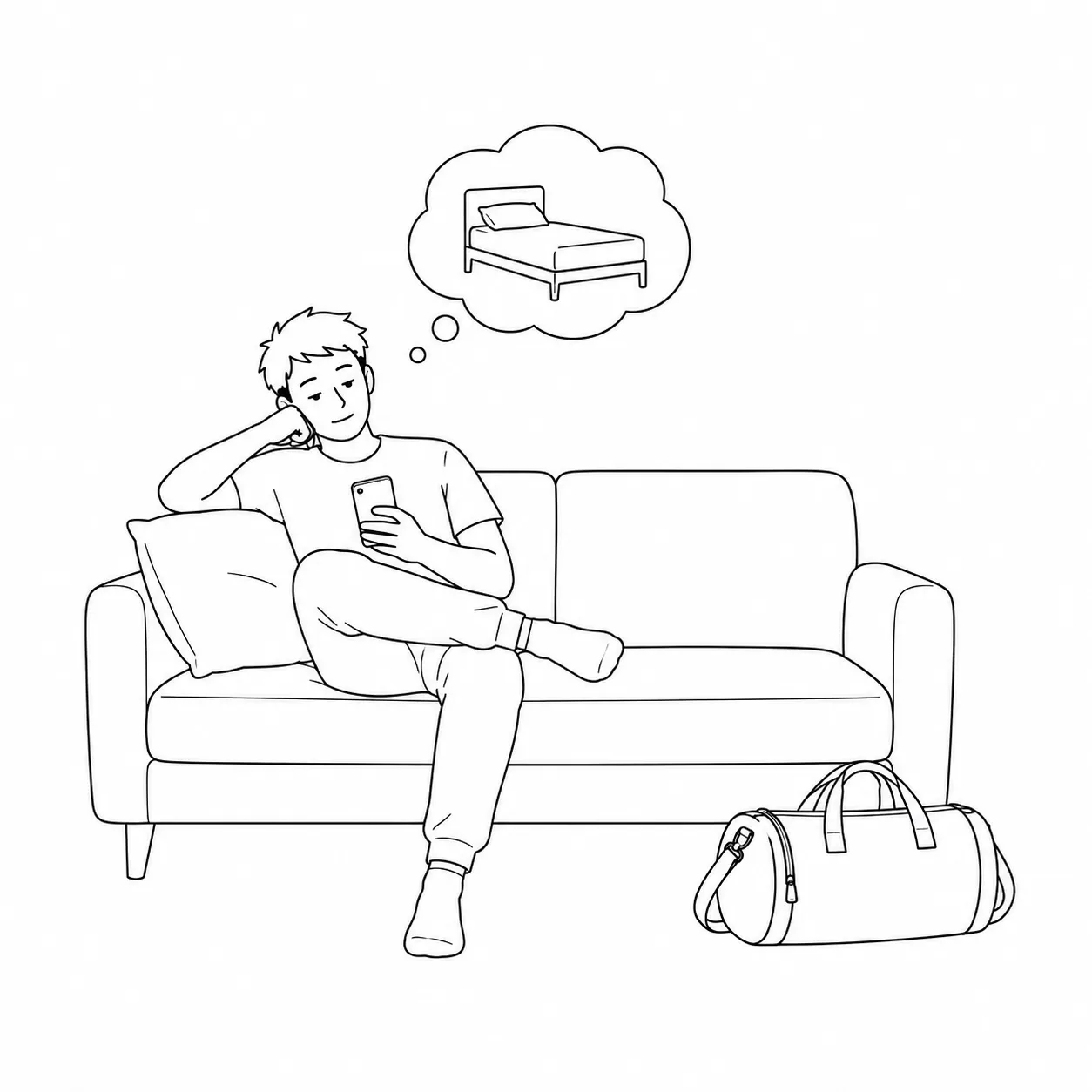 ソファでスマホを見ながら運動を後回しにしている人のイラスト